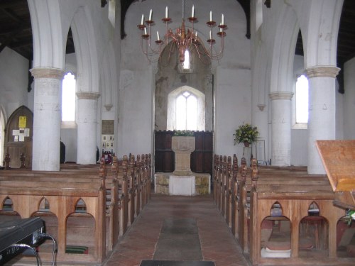 Interior of Morston Church, Norfolk, looking towards the font
(Photo ©  Pat Powditch) 